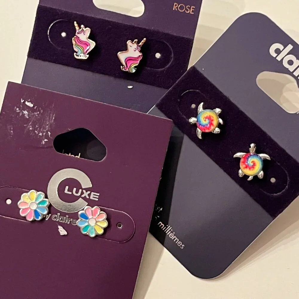 Claire’s & Luxe by Claire’s Stud Earrings‎ Trio Unicorns, Flowers & Turtles! 🦄
